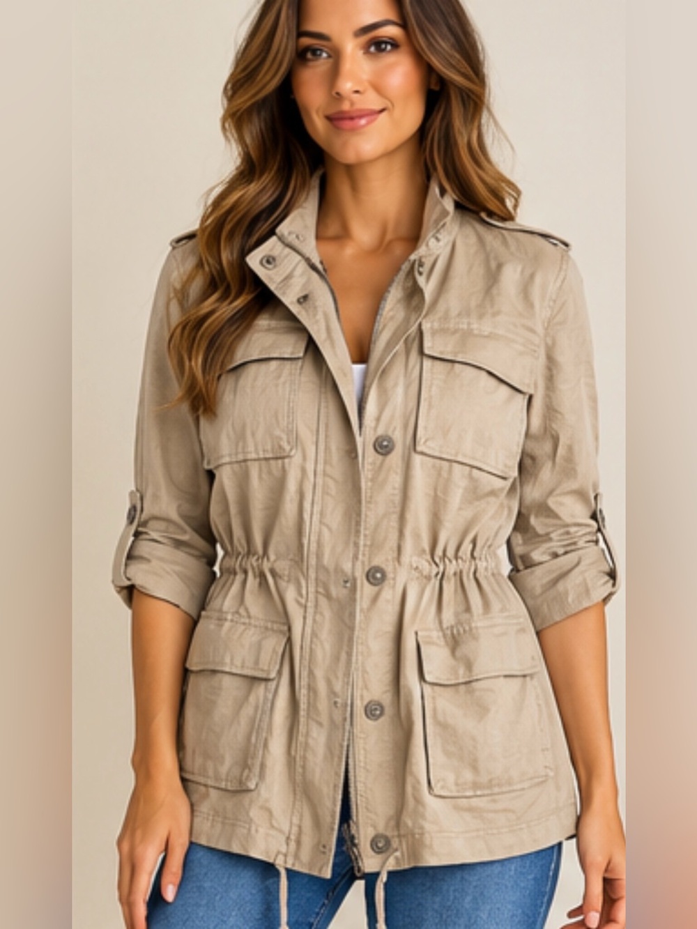 CONTEXT - EXCLUSIVELY at LORD & TAYLOR || Tan/Khaki Linen Utility Jacket. Sz. XL